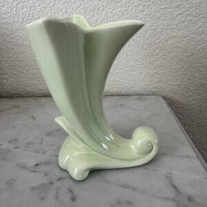 Vintage MCM Pottery Vase Satin Glossy Green Cornucopia
